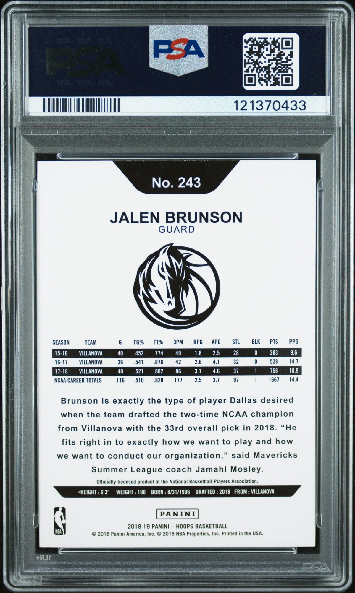 Jalen Brunson 2018 Panini Hoops Dallas Mavericks Signed Basketball RC Rookie Card #243 Graded PSA Authentic Auto 10 Cert #121370433-Powers Sports Memorabilia
