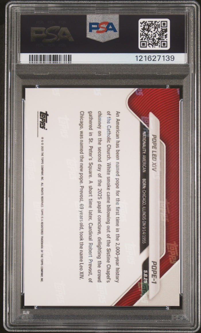 Pope Leo XIV 2025 Topps Now 1st American Pope Card #POPE1 Graded PSA 9 Cert #121627139-Powers Sports Memorabilia
