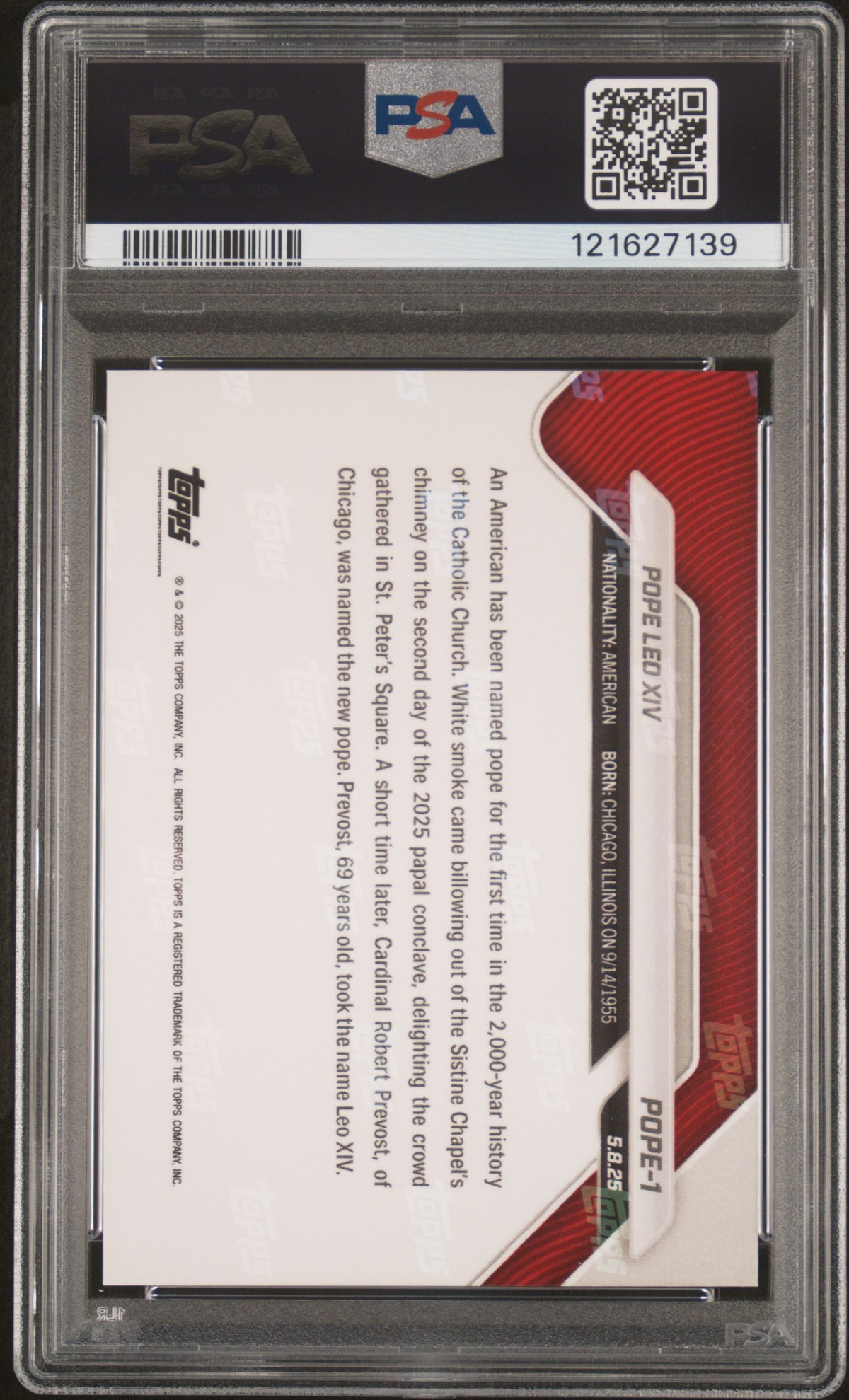Pope Leo XIV 2025 Topps Now 1st American Pope Card #POPE1 Graded PSA 9 Cert #121627139-Powers Sports Memorabilia