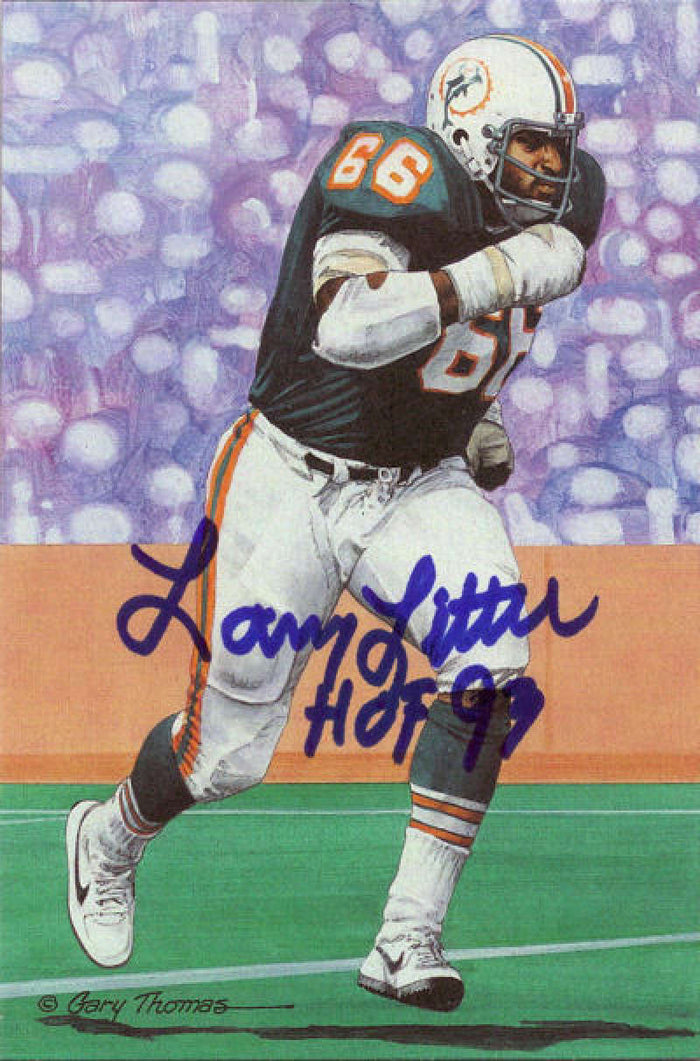 Larry Little Signed Miami Dolphins Goal Line Art in blue w/HOF 99-Powers Sports Memorabilia
