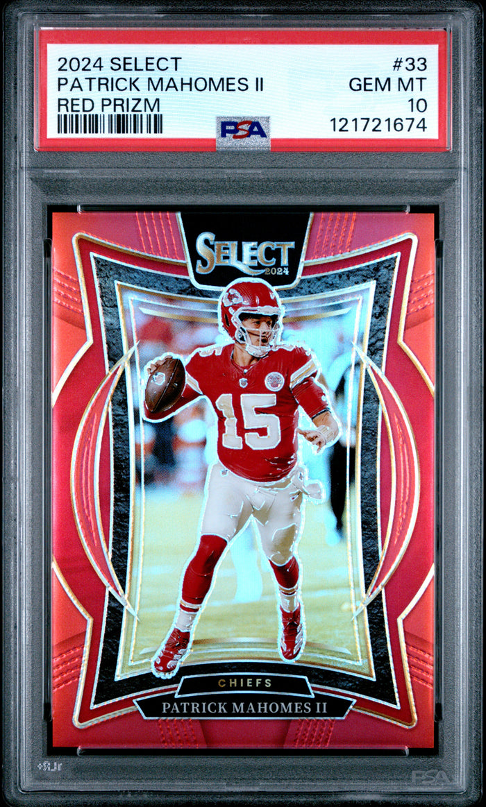 Patrick Mahomes II 2024 Panini Select Red Prizm Kansas City Chiefs Football Card #33 Graded PSA 10 Cert #121721674 94/99