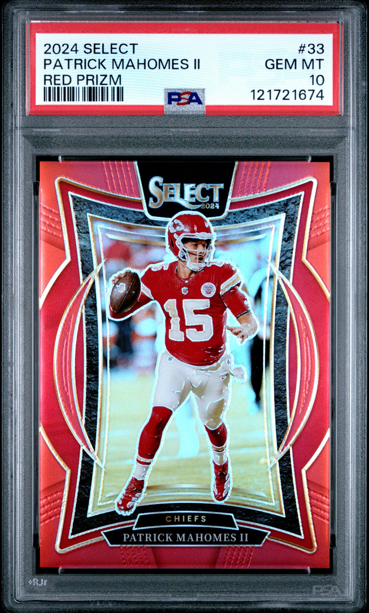 Patrick Mahomes II 2024 Panini Select Red Prizm Kansas City Chiefs Football Card #33 Graded PSA 10 Cert #121721674 94/99