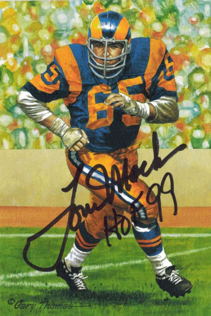Tom Mack Signed Los Angeles Rams Goal Line Art Card w/HOF 99-Powers Sports Memorabilia