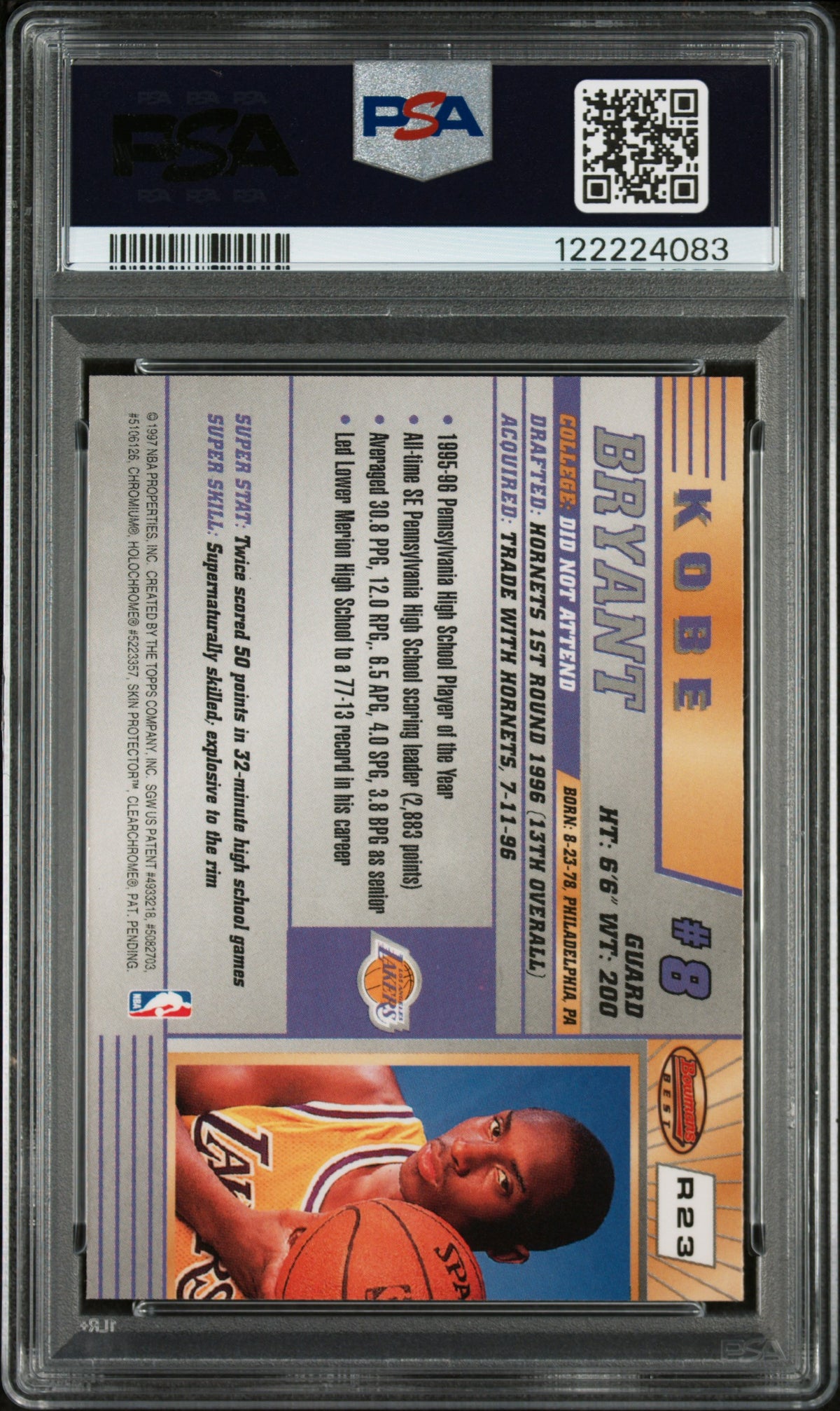 Kobe Bryant 1996 Bowman's Best Rookies Los Angeles Lakers Basketball RC Card #R23 Graded PSA 8 Cert #122224083-Powers Sports Memorabilia