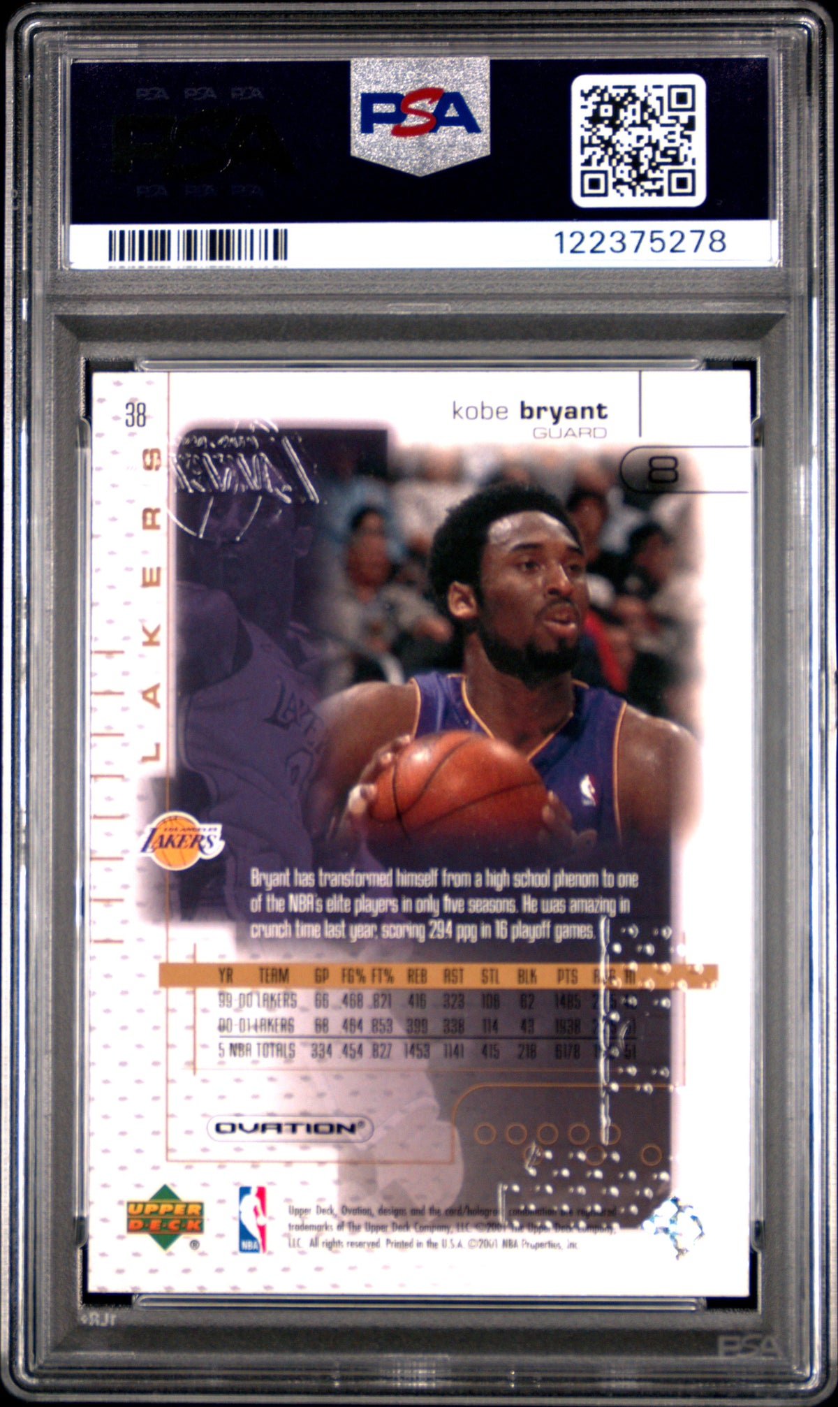 Kobe Bryant 2001 Upper Deck Ovation Basketball Card #38 Graded PSA 10 Cert #122375278-Powers Sports Memorabilia