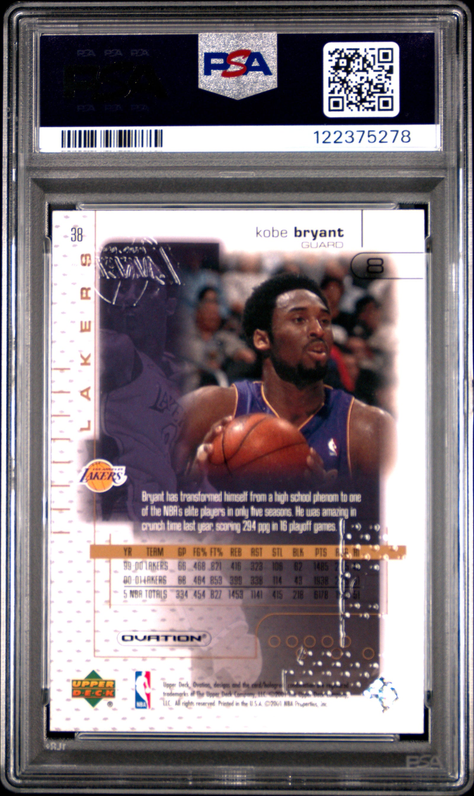 Kobe Bryant 2001 Upper Deck Ovation Basketball Card #38 Graded PSA 10 Cert #122375278-Powers Sports Memorabilia