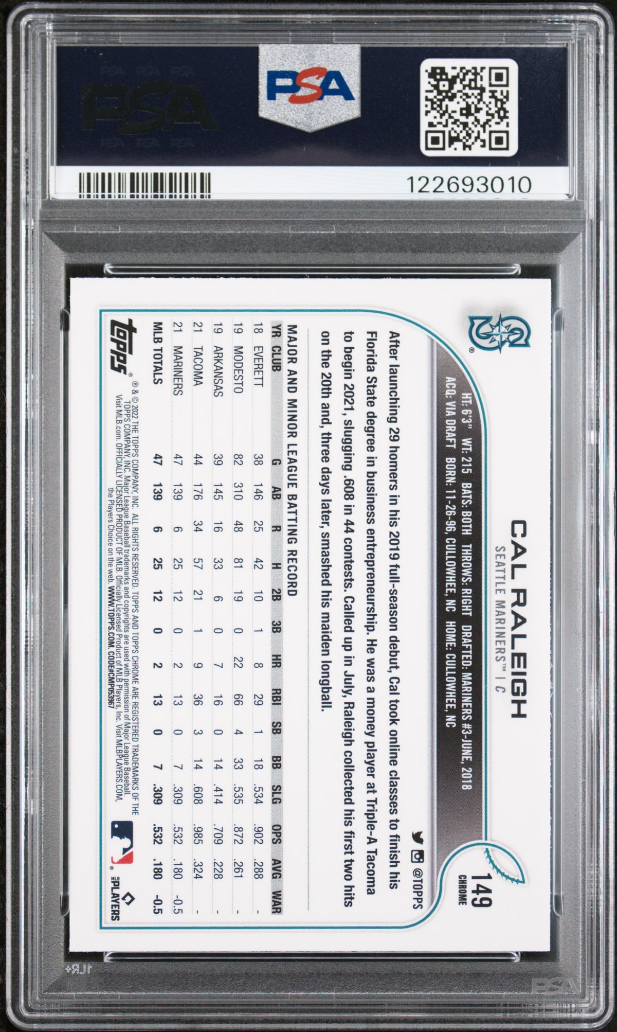 Cal Raleigh 2022 Topps Chrome Seattle Mariners Baseball Rookie Card #149 Graded PSA 9 Cert #122693010-Powers Sports Memorabilia