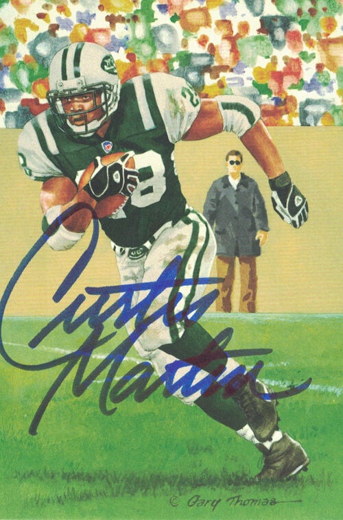Curtis Martin Signed New York Jets Goal Line Art Card (Blue N/O)-Powers Sports Memorabilia