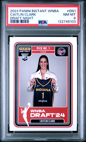 Caitlin Clark 2024 Panini Instant WNBA Draft Night Basketball Rookie Card #DN1 Graded PSA 8 Cert #122748103-Powers Sports Memorabilia