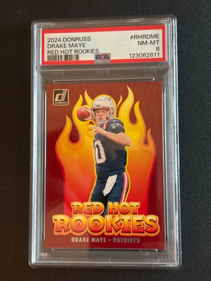 Drake Maye 2024 Donruss Red Hot Rookies Football Rookie Card #RHRDME Graded PSA 8 Cert #123062611-Powers Sports Memorabilia