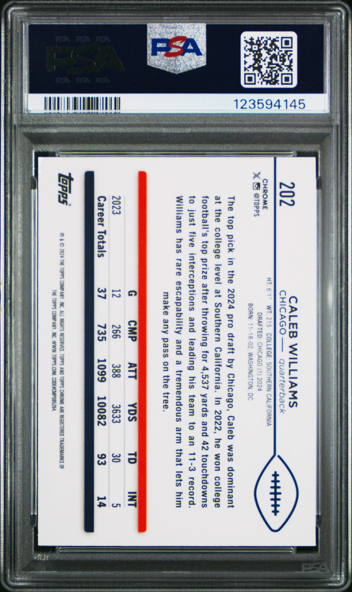 Caleb Williams 2024 Topps Chrome Sepia Refractor Football Rookie Card #202 Graded PSA 10 Cert #123594145-Powers Sports Memorabilia