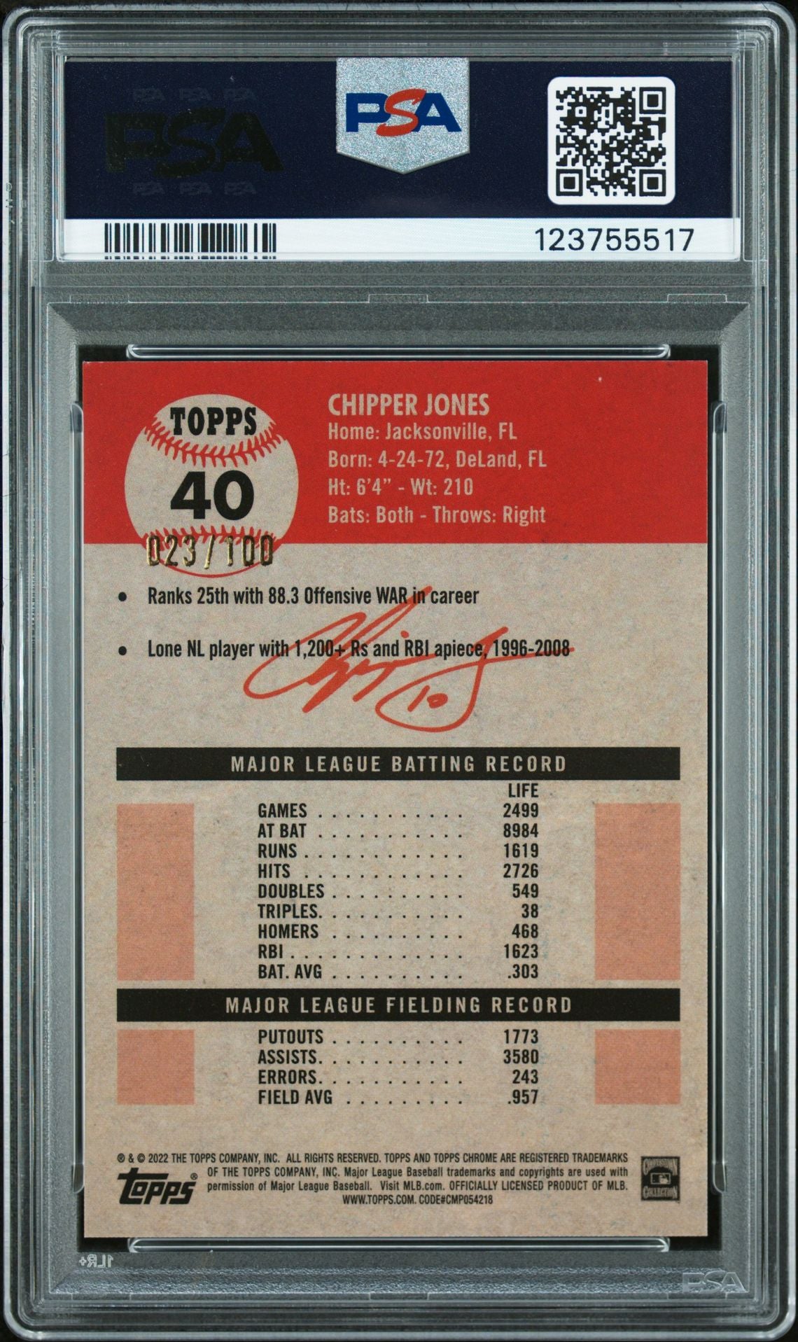 Chipper Jones 2022 Topps Chrome Red Atomic Refractor Signed Baseball Card #40 Graded PSA 9 Auto 8 23/100 Cert # 123755517-Powers Sports Memorabilia