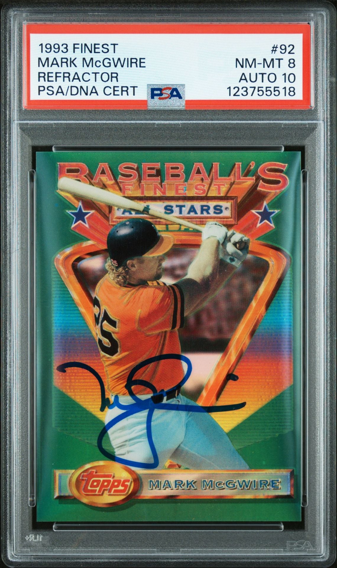 Mark McGwire 1993 Finest Refractor Signed Baseball Card #92 Graded PSA 8 Auto 10 Cert # 123755518-Powers Sports Memorabilia