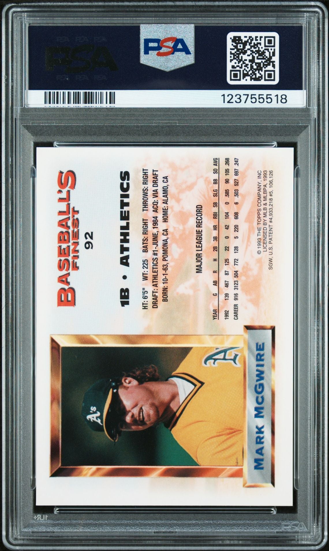 Mark McGwire 1993 Finest Refractor Signed Baseball Card #92 Graded PSA 8 Auto 10 Cert # 123755518-Powers Sports Memorabilia