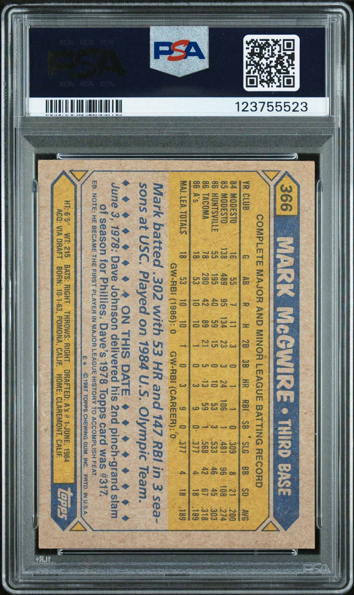 Mark McGwire 1987 Topps Signed Baseball Rookie Card #366 Graded PSA 7 Auto 10 Cert # 123755523-Powers Sports Memorabilia