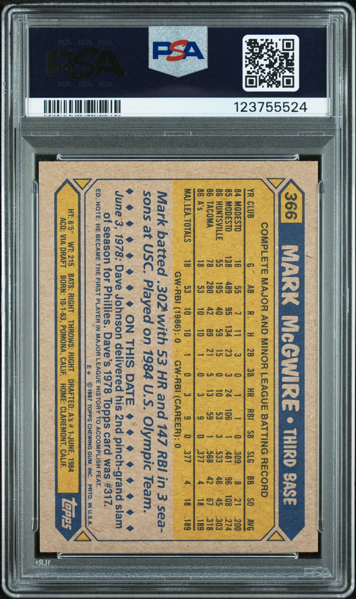 Mark McGwire 1987 Topps Signed Baseball Rookie Card #366 Graded PSA 8 Auto 10 Cert # 123755524-Powers Sports Memorabilia