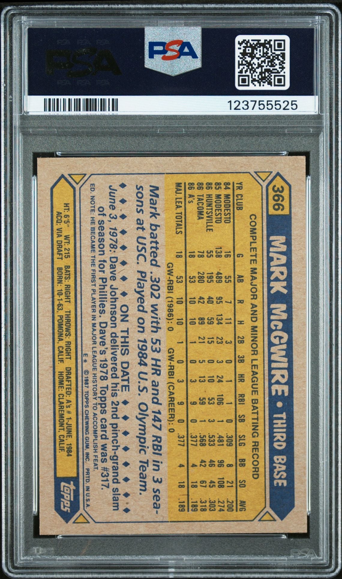 Mark McGwire 1987 Topps Signed Baseball Rookie Card #366 Graded PSA 5 Auto 10 Cert # 123755525-Powers Sports Memorabilia