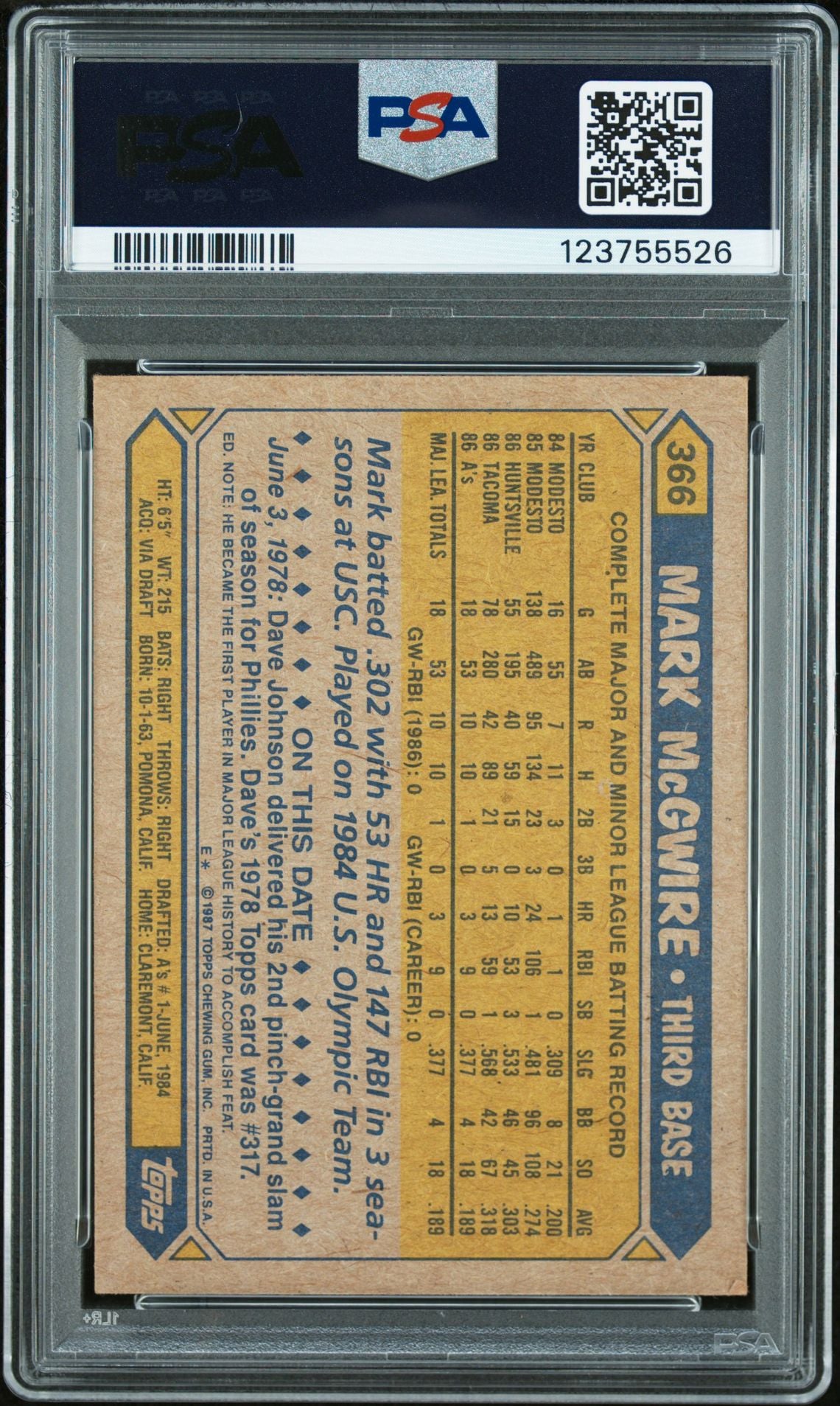 Mark McGwire 1987 Topps Signed Baseball Rookie Card #366 Graded PSA 7 Auto 10 Cert # 123755526-Powers Sports Memorabilia