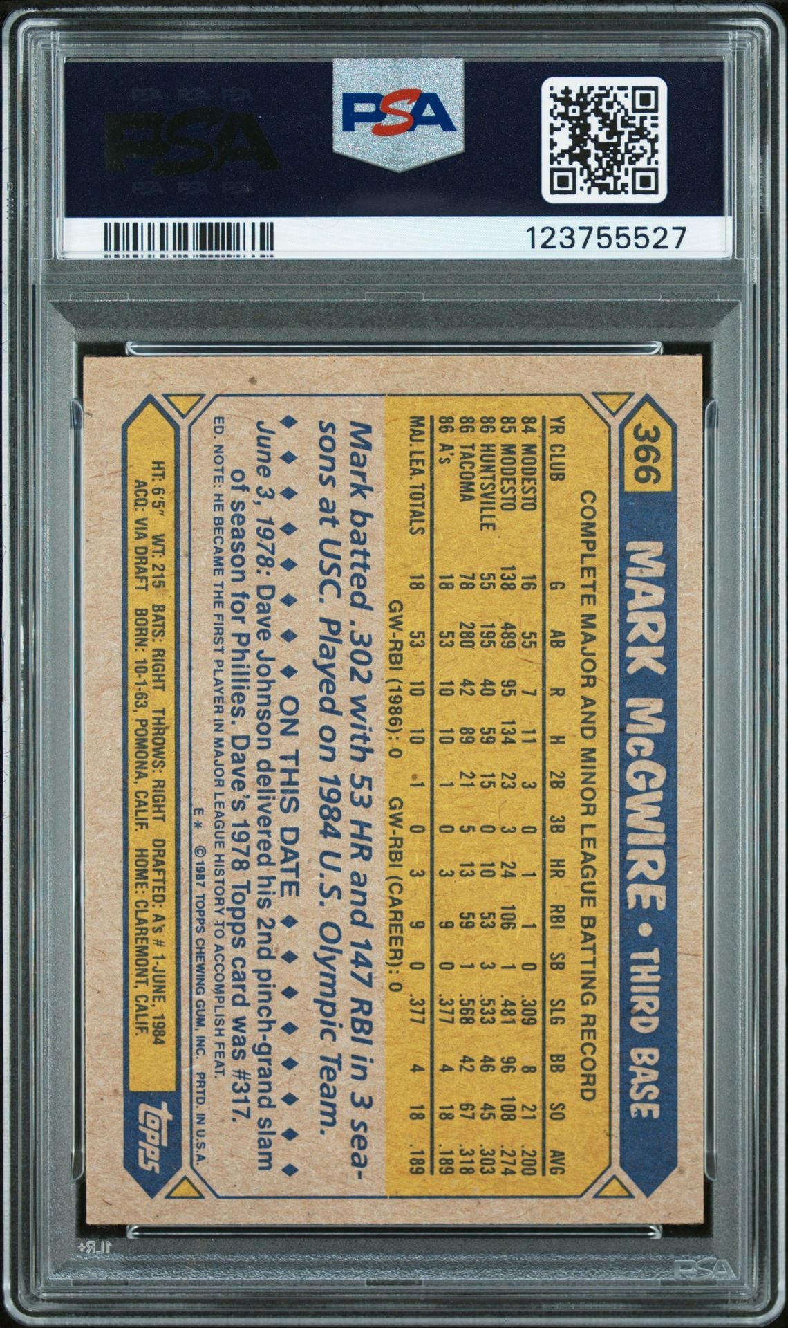 Mark McGwire 1987 Topps Signed Baseball Rookie Card #366 Graded PSA 7 Auto 10 Cert # 123755527-Powers Sports Memorabilia