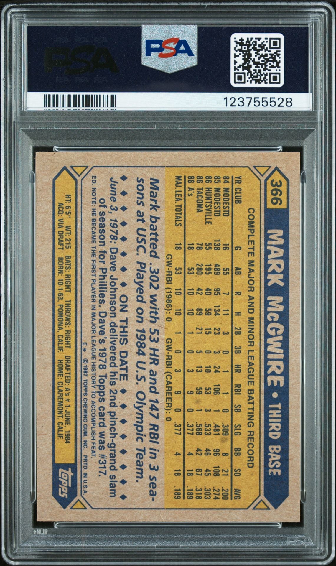 Mark McGwire 1987 Topps Signed Baseball Rookie Card #366 Graded PSA 6 Auto 10 Cert # 123755528-Powers Sports Memorabilia
