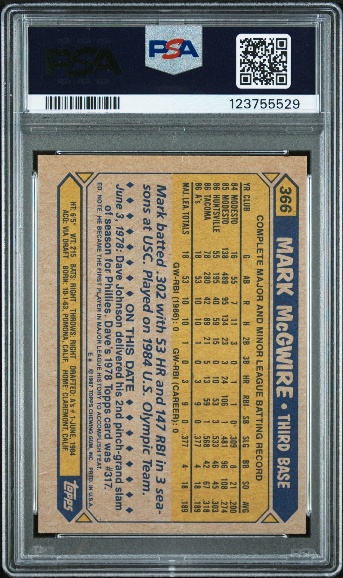 Mark McGwire 1987 Topps Signed Baseball Rookie Card #366 Graded PSA 6 Auto 10 Cert # 123755529-Powers Sports Memorabilia