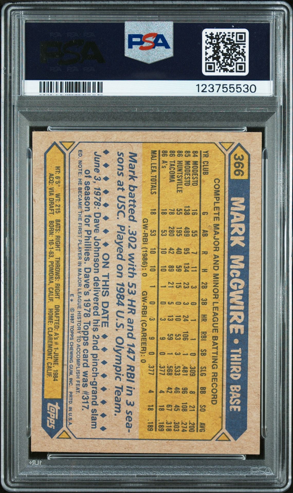 Mark McGwire 1987 Topps Signed Baseball Rookie Card #366 Graded PSA Authentic Auto 10 Cert # 123755530-Powers Sports Memorabilia