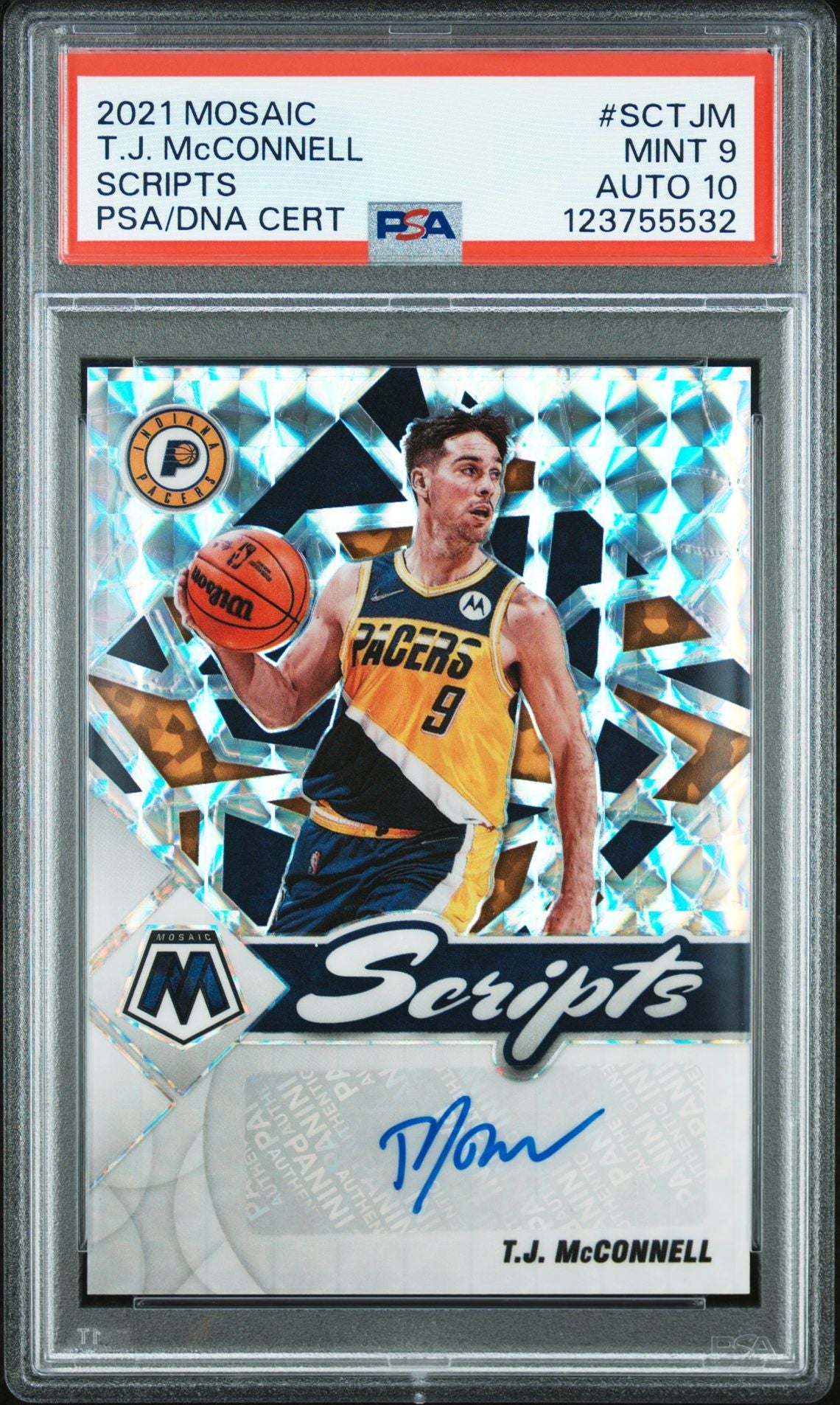 T.J. McConnell 2021 Mosaic Scripts Signed Basketball Card #SCTJM Graded PSA 9 Auto 10 Cert # 123755532-Powers Sports Memorabilia
