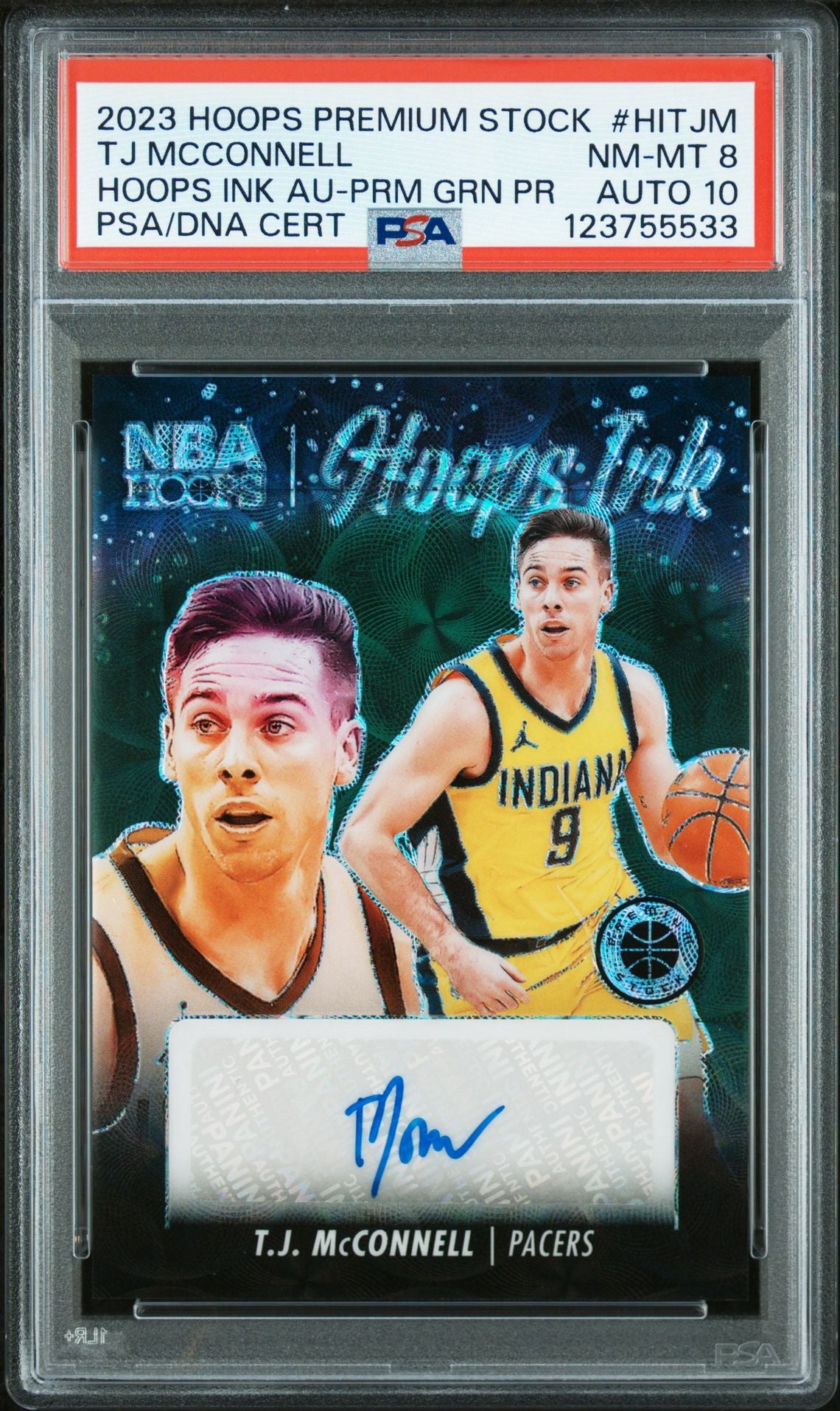 T.J. McConnell 2023 Hoops Premium Stock Ink Green Signed Basketball Card #HITJM Graded PSA 8 Auto 10 3/8 Cert # 123755533-Powers Sports Memorabilia