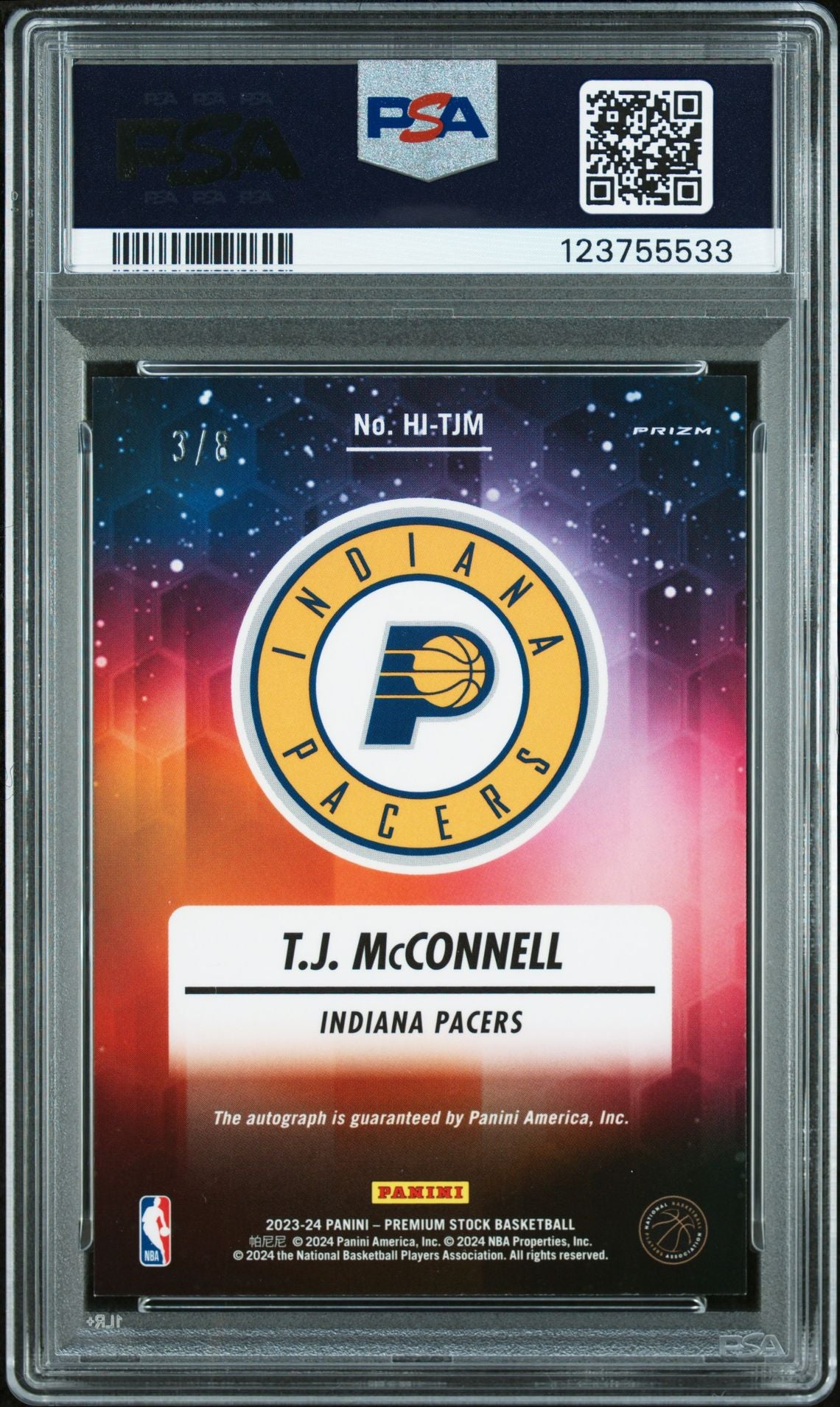 T.J. McConnell 2023 Hoops Premium Stock Ink Green Signed Basketball Card #HITJM Graded PSA 8 Auto 10 3/8 Cert # 123755533-Powers Sports Memorabilia