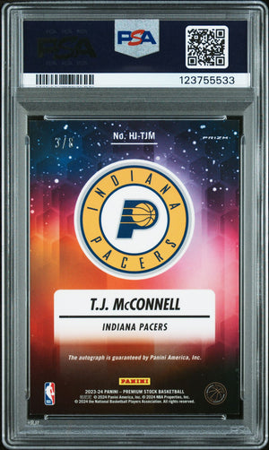 T.J. McConnell 2023 Hoops Premium Stock Ink Green Signed Basketball Card #HITJM Graded PSA 8 Auto 10 3/8 Cert # 123755533-Powers Sports Memorabilia