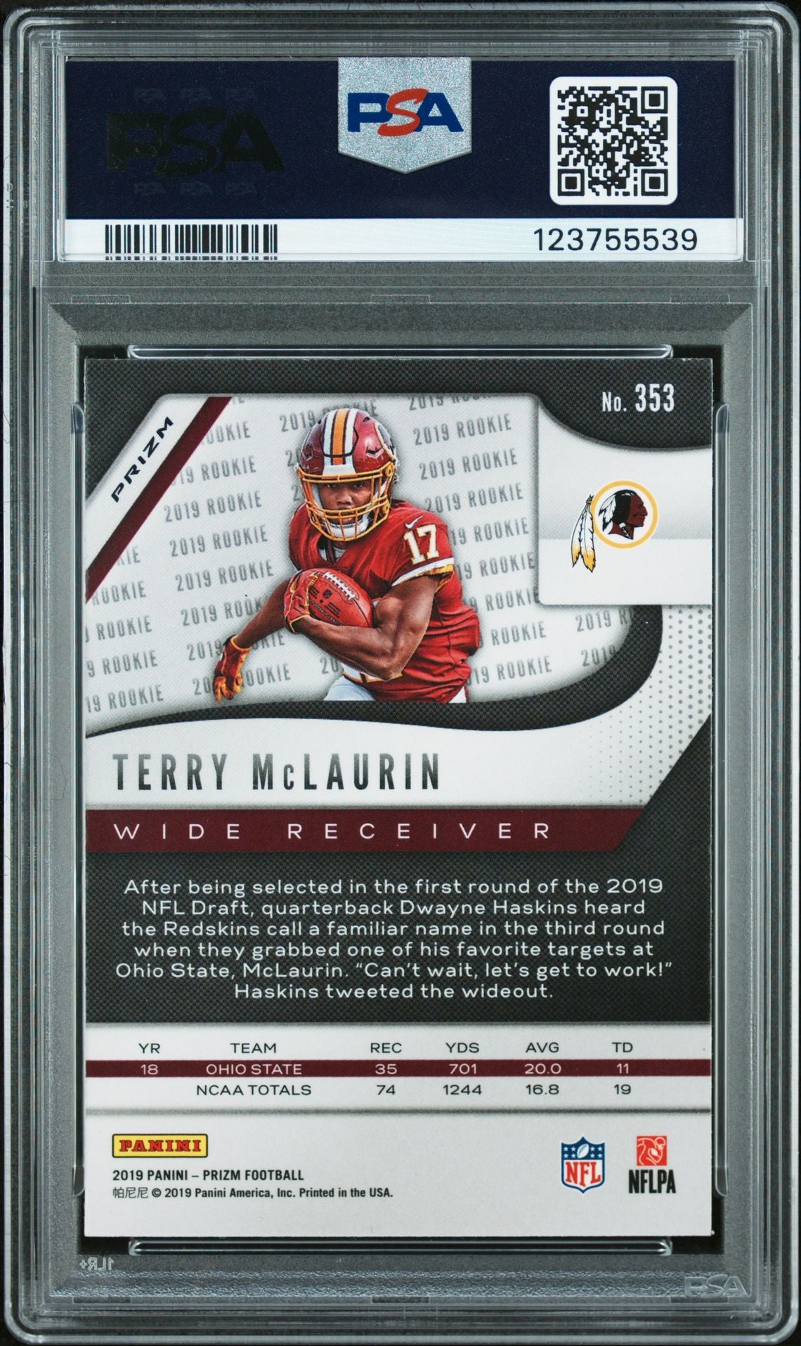 Terry McLaurin 2019 Panini Prizm Silver Signed Football Rookie Card #353 Graded PSA 9 Auto 10 Cert # 123755539-Powers Sports Memorabilia