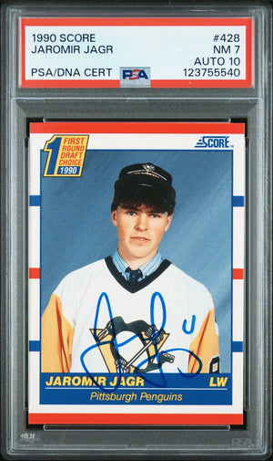 Jaromir Jagr 1990 Score Signed Hockey Rookie Card #428 Graded PSA 7 Auto 10 Cert # 123755540-Powers Sports Memorabilia