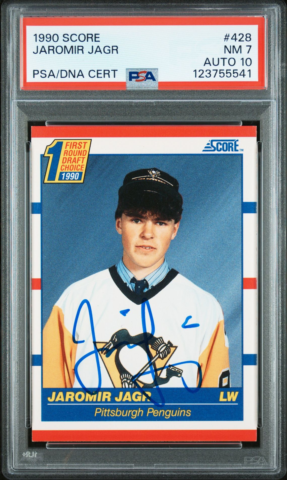 Jaromir Jagr 1990 Score Signed Hockey Rookie Card #428 Graded PSA 7 Auto 10 Cert # 123755541-Powers Sports Memorabilia