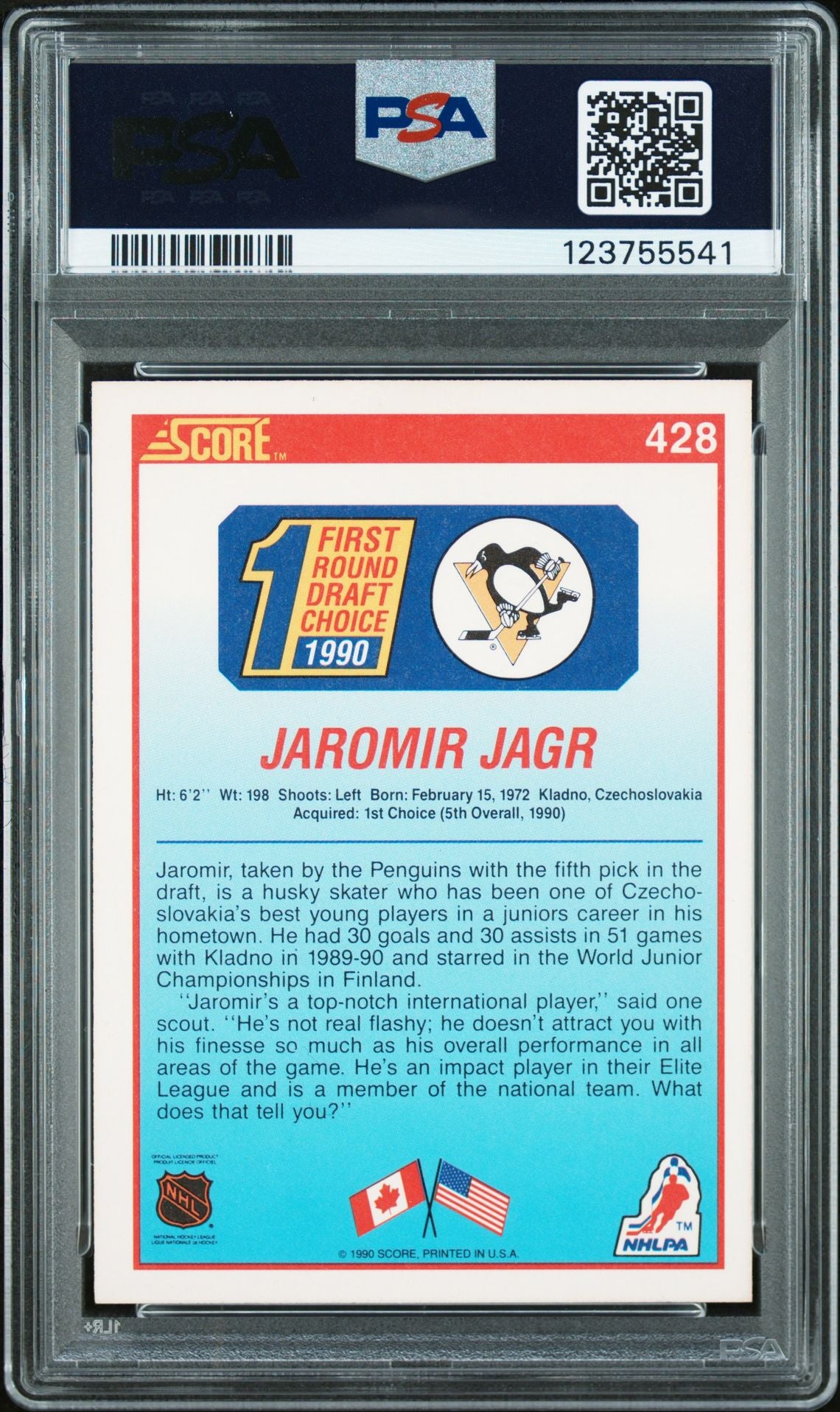 Jaromir Jagr 1990 Score Signed Hockey Rookie Card #428 Graded PSA 7 Auto 10 Cert # 123755541-Powers Sports Memorabilia