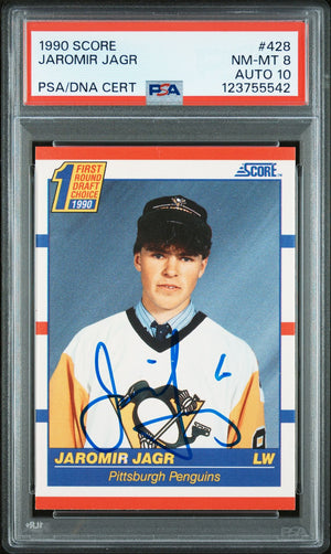 Jaromir Jagr 1990 Score Signed Hockey Rookie Card #428 Graded PSA 8 Auto 10 Cert # 123755542-Powers Sports Memorabilia