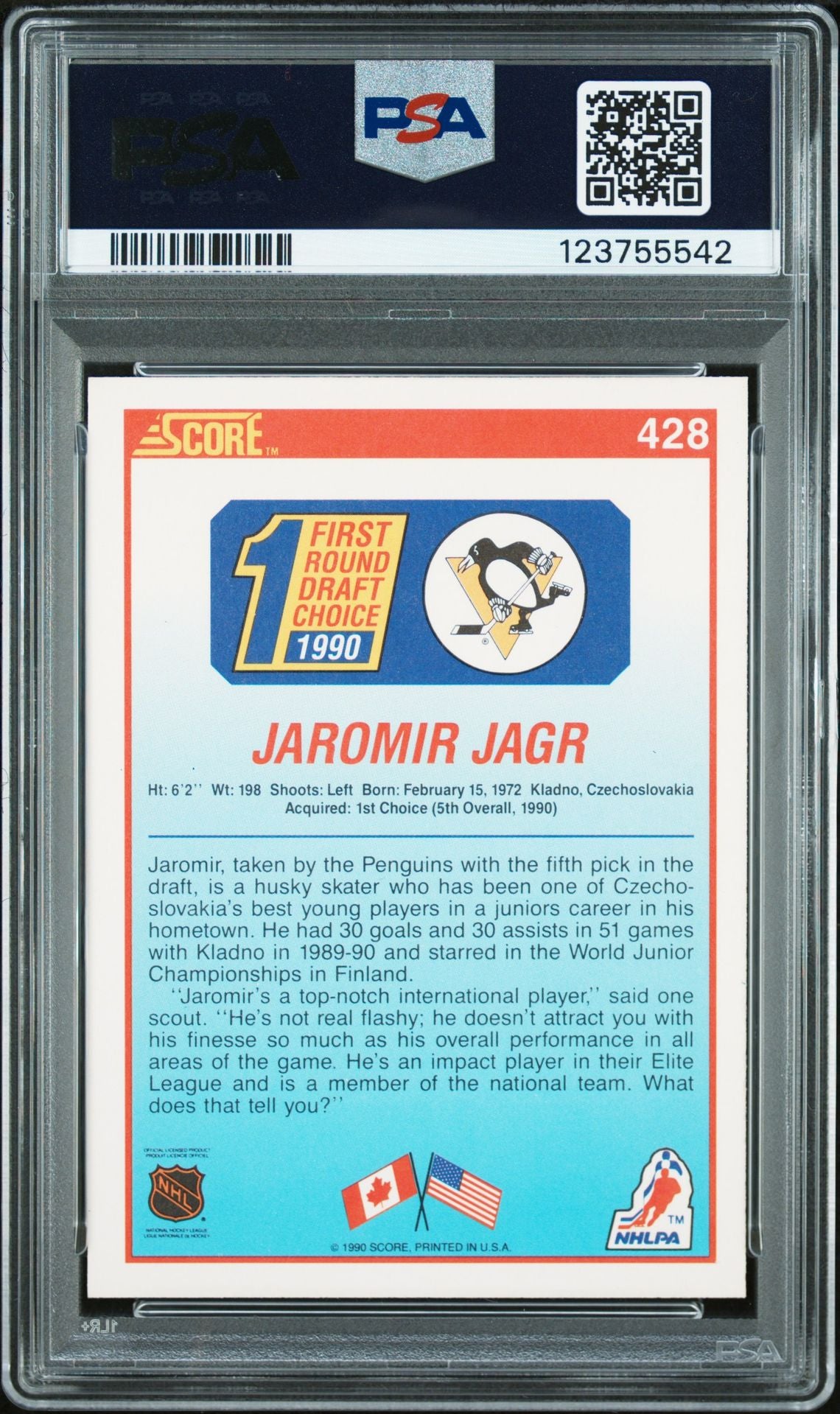 Jaromir Jagr 1990 Score Signed Hockey Rookie Card #428 Graded PSA 8 Auto 10 Cert # 123755542-Powers Sports Memorabilia