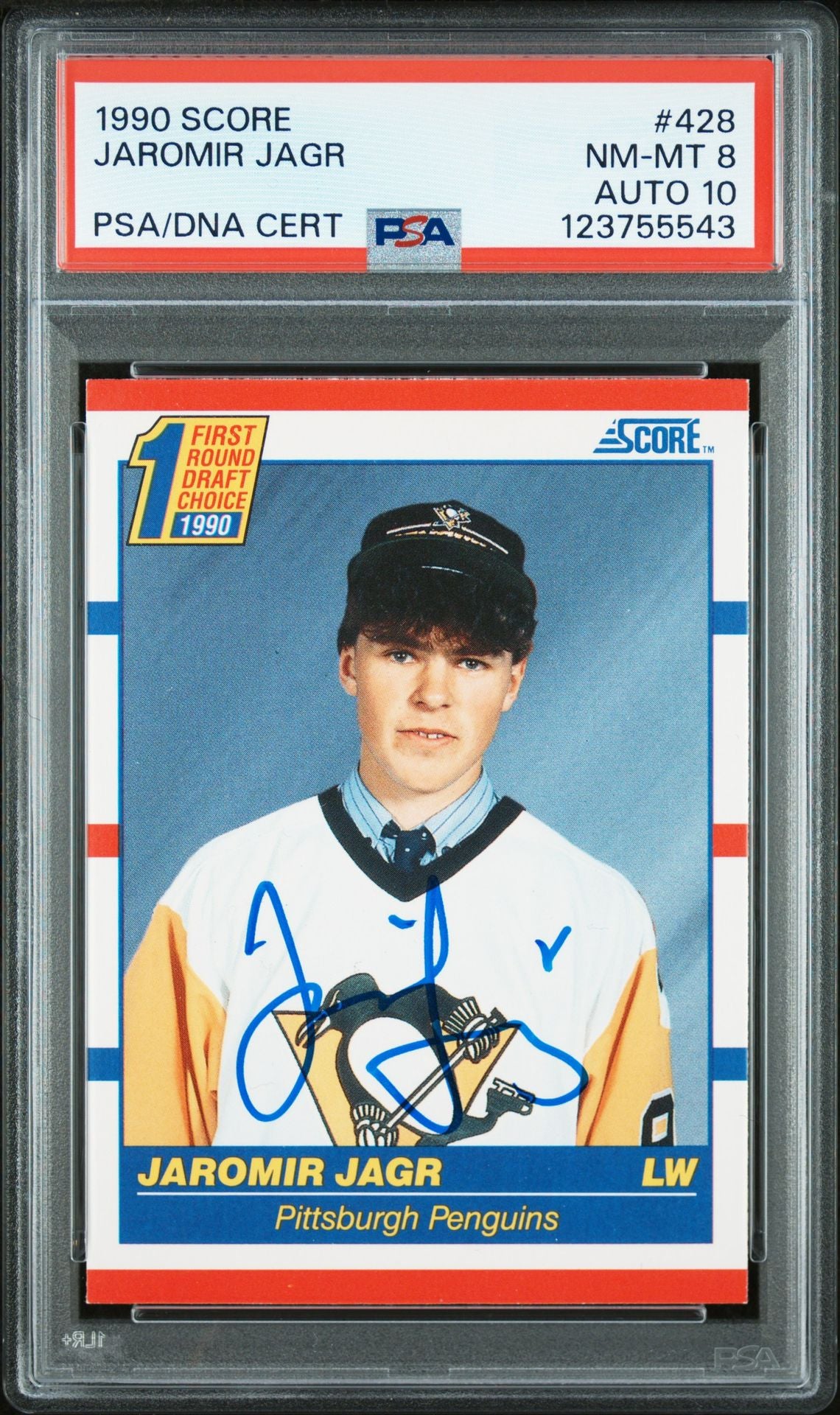 Jaromir Jagr 1990 Score Signed Hockey Rookie Card #428 Graded PSA 8 Auto 10 Cert # 123755543-Powers Sports Memorabilia