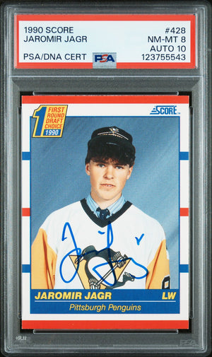 Jaromir Jagr 1990 Score Signed Hockey Rookie Card #428 Graded PSA 8 Auto 10 Cert # 123755543-Powers Sports Memorabilia