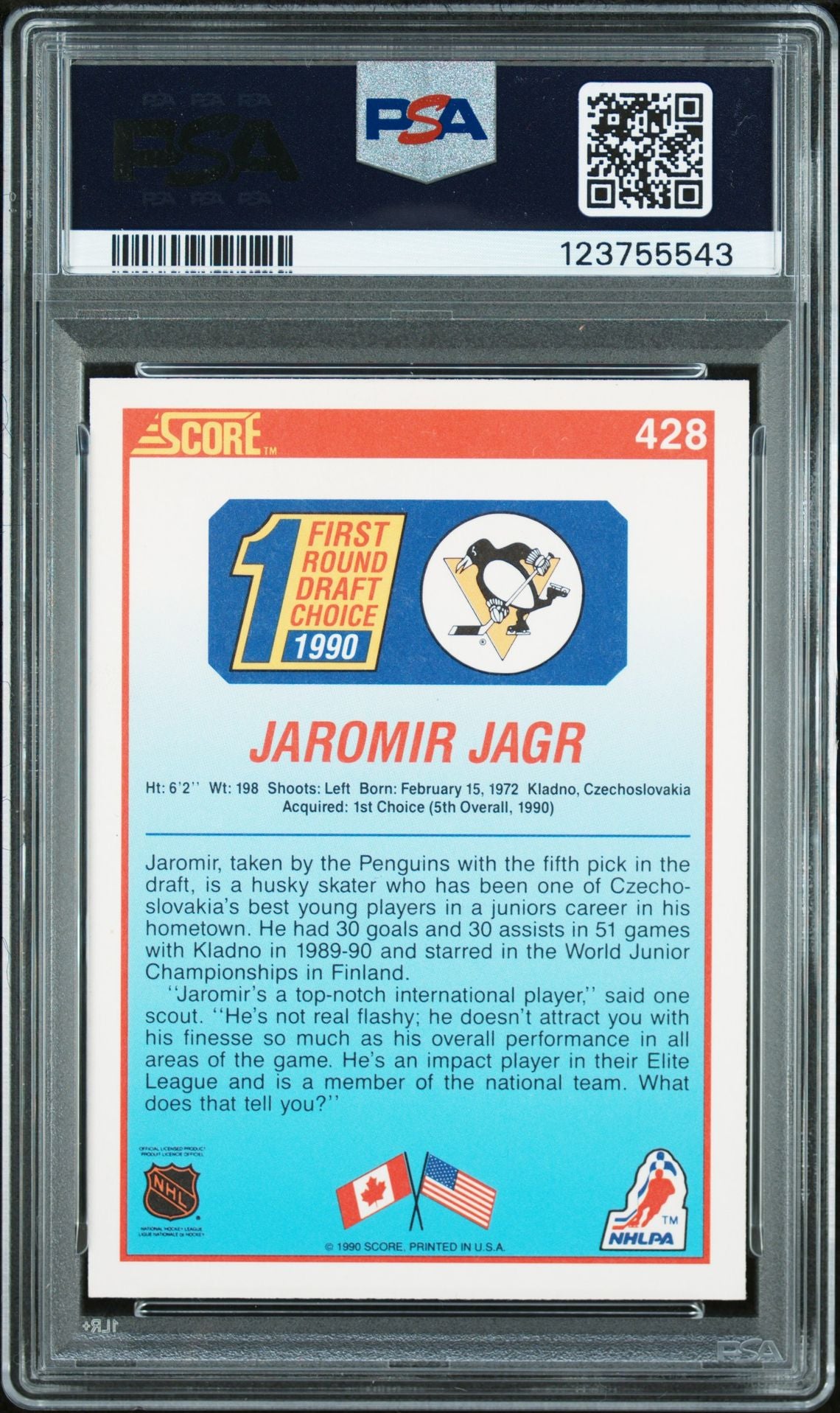 Jaromir Jagr 1990 Score Signed Hockey Rookie Card #428 Graded PSA 8 Auto 10 Cert # 123755543-Powers Sports Memorabilia