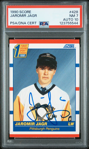 Jaromir Jagr 1990 Score Signed Hockey Rookie Card #428 Graded PSA 7 Auto 10 Cert # 123755544-Powers Sports Memorabilia