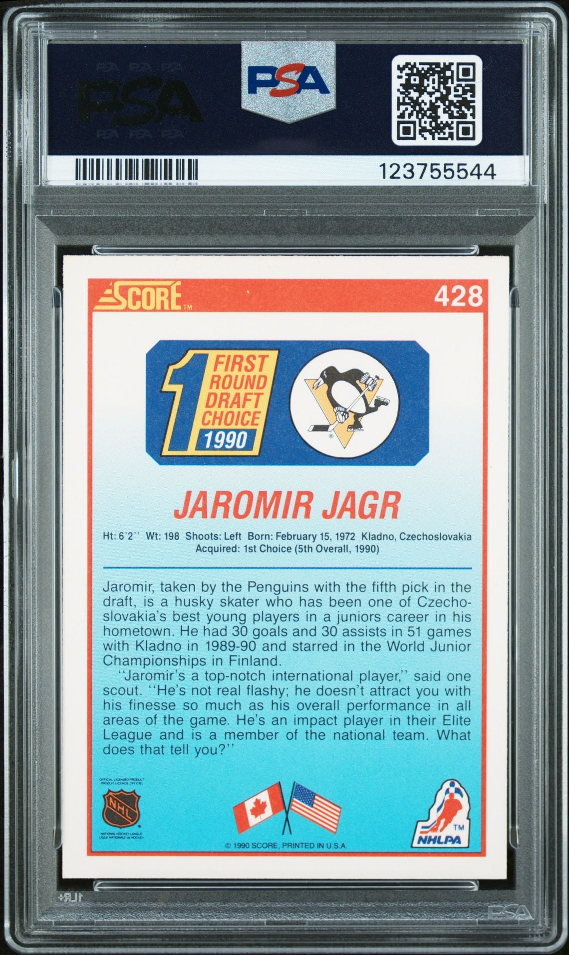 Jaromir Jagr 1990 Score Signed Hockey Rookie Card #428 Graded PSA 7 Auto 10 Cert # 123755544-Powers Sports Memorabilia