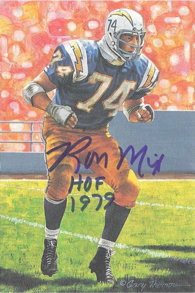 Ron Mix San Diego Chargers Signed Goal Line Art Card blue with HOF 1979-Powers Sports Memorabilia
