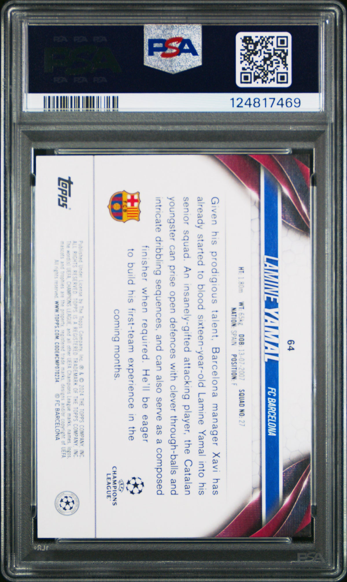 Lamine Yamal 2023-24 Topps UEFA Club RC Rookie Card 64 PSA 9