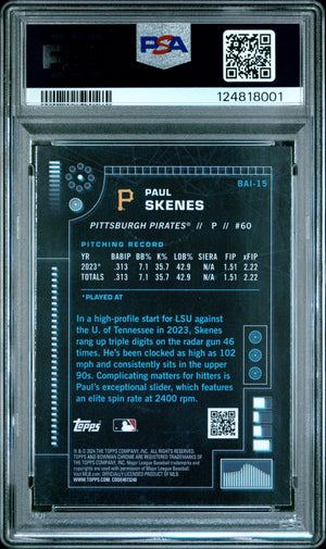 Paul Skenes 2024 Bowman AI Pittsburgh Pirates Baseball RC Rookie Card #BAI15 Graded PSA 10 Cert #124818001-Powers Sports Memorabilia