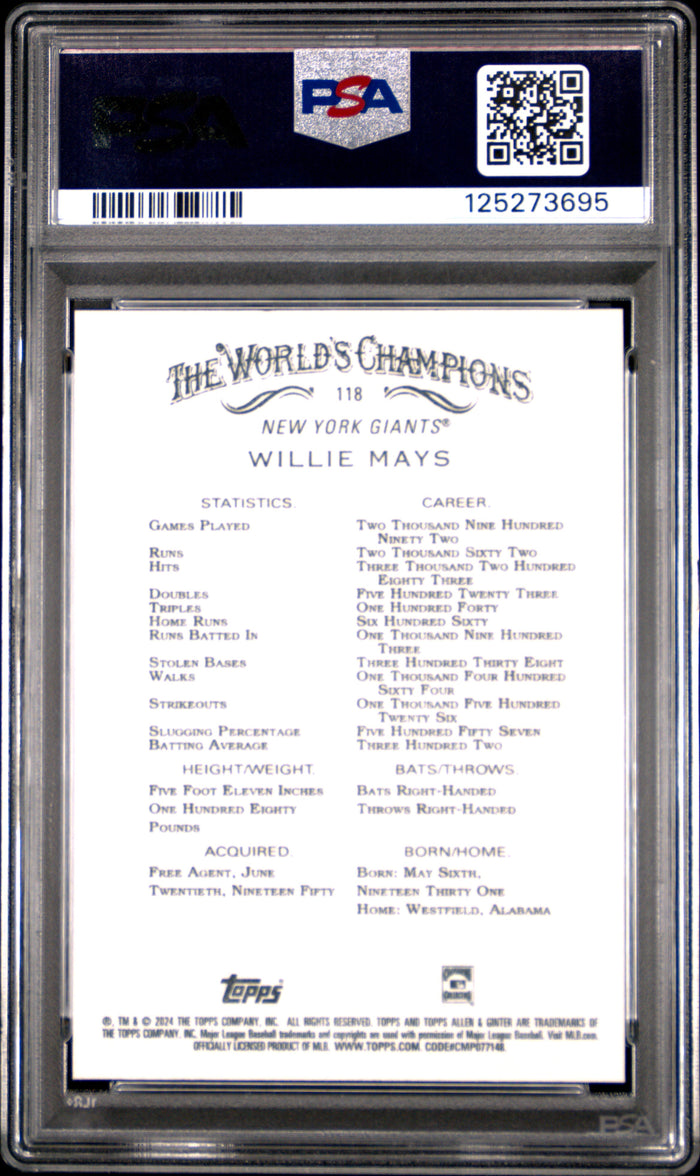 Willie Mays 2024 Allen & Ginter Foil Filigree New York Giants Baseball Card #118 Graded PSA 10 Cert #125273695-Powers Sports Memorabilia