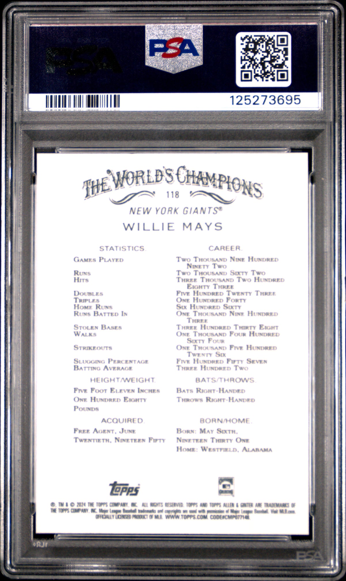 Willie Mays 2024 Allen & Ginter Foil Filigree New York Giants Baseball Card #118 Graded PSA 10 Cert #125273695-Powers Sports Memorabilia