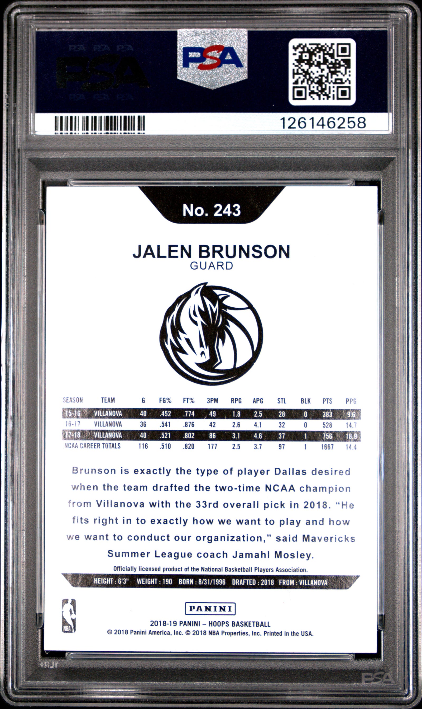 Jalen Brunson 2018 Panini Hoops Dallas Mavericks Basketball RC Rookie Card #243 Graded PSA 10 Cert #126146258-Powers Sports Memorabilia