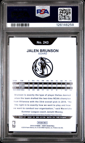 Jalen Brunson 2018 Panini Hoops Dallas Mavericks Basketball RC Rookie Card #243 Graded PSA 10 Cert #126146258-Powers Sports Memorabilia