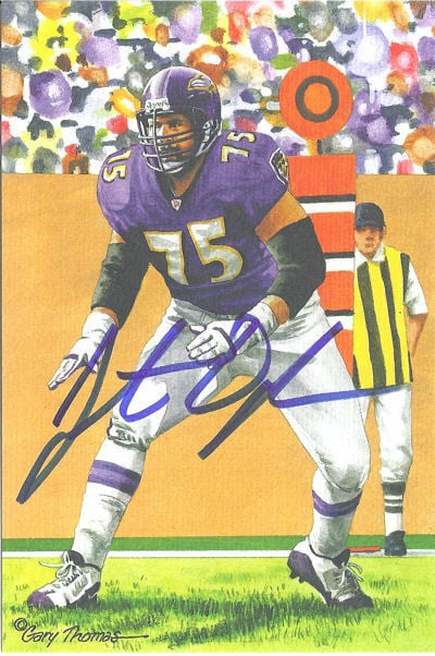 Jonathan Ogden Baltimore Ravens Signed Goal Line Art Card in Blue-Powers Sports Memorabilia