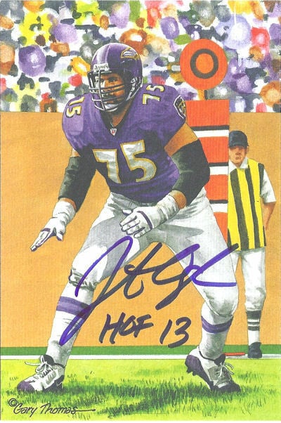 Jonathan Ogden Baltimore Ravens Signed Goal Line Art Card in Blue with HOF 13-Powers Sports Memorabilia